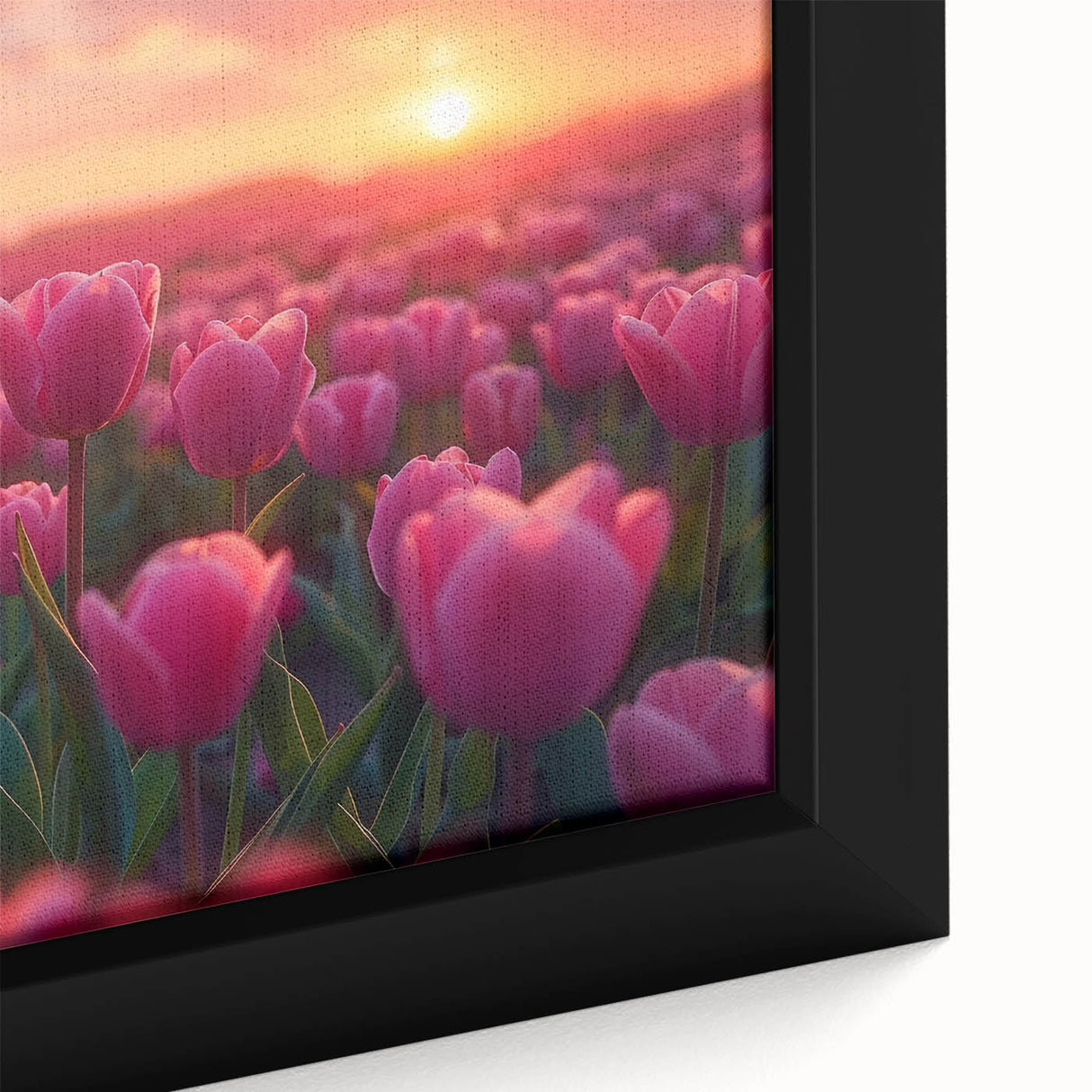 Close-up of a framed canvas wall art piece featuring a vibrant botanical tulip design with intricate details, perfect for adding color and elegance to home decor.
