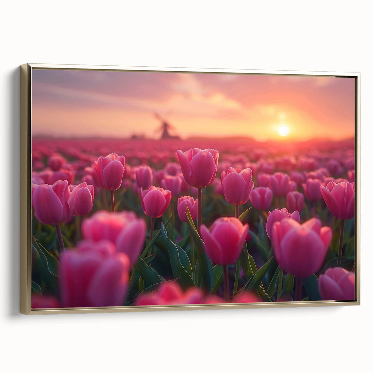 Framed canvas wall art featuring a botanical tulip design in vibrant colors, elegantly displayed with a gold frame, showcasing its unique floral details and textures.