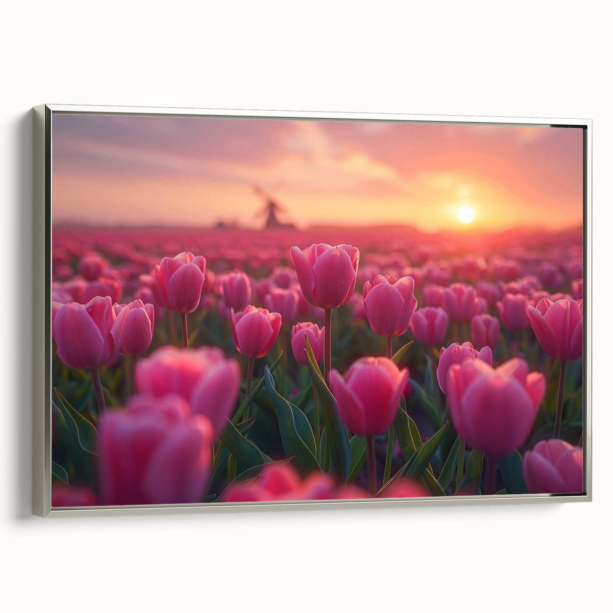 Framed wall art showcasing a botanical tulip design in vibrant colors, elegantly displayed with a silver frame, perfect for home decor enhancement.