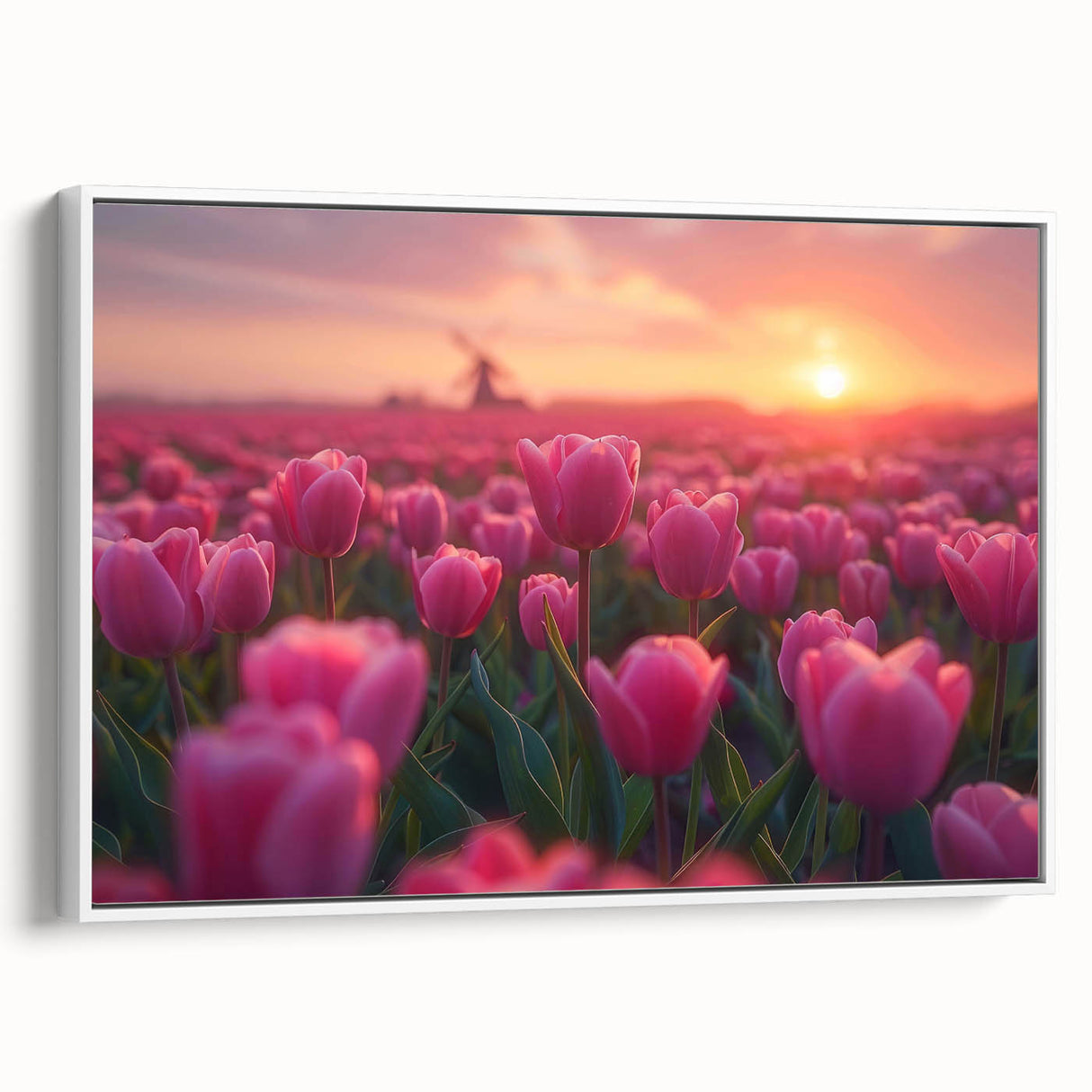 Framed botanical wall art featuring a vibrant tulip design on canvas, set against a white background, showcasing elegant floral details and a contemporary aesthetic. Perfect for enhancing modern decor in living spaces.