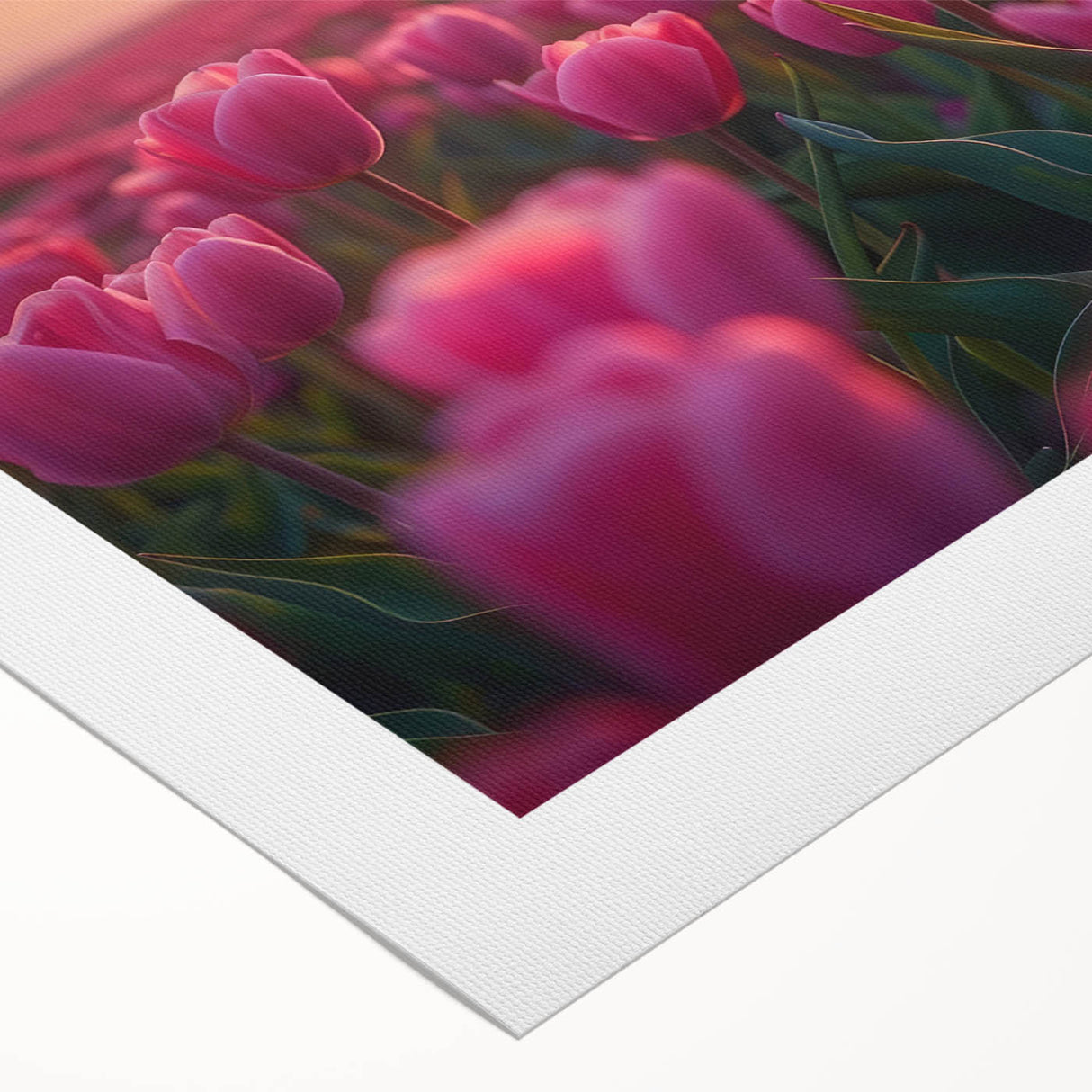 Vibrant botanical tulip wall art design printed on rolled canvas, showcasing colorful tulips against a soft background, ideal for home decor and floral enthusiasts.