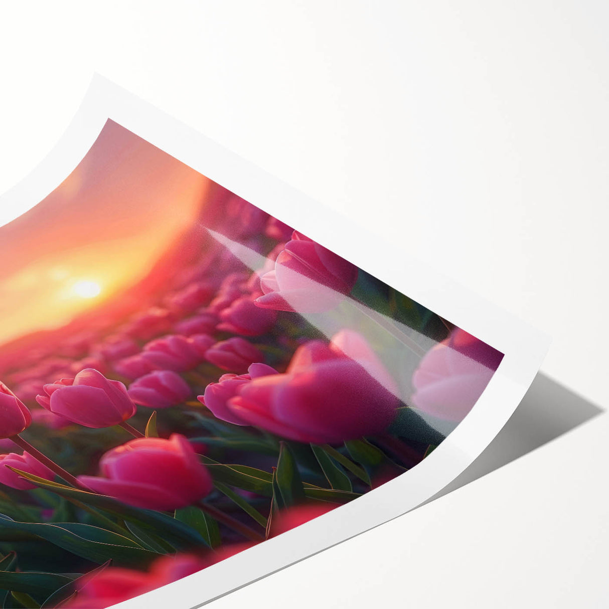 Vibrant botanical tulip wall art print featuring a colorful arrangement of tulips in various hues, perfect for enhancing home decor. Rolled and ready for framing.