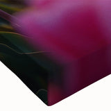 Close-up view of a vibrant botanical tulip design stretched canvas wall art, showcasing intricate details and rich colors, perfect for home decor enhancement.