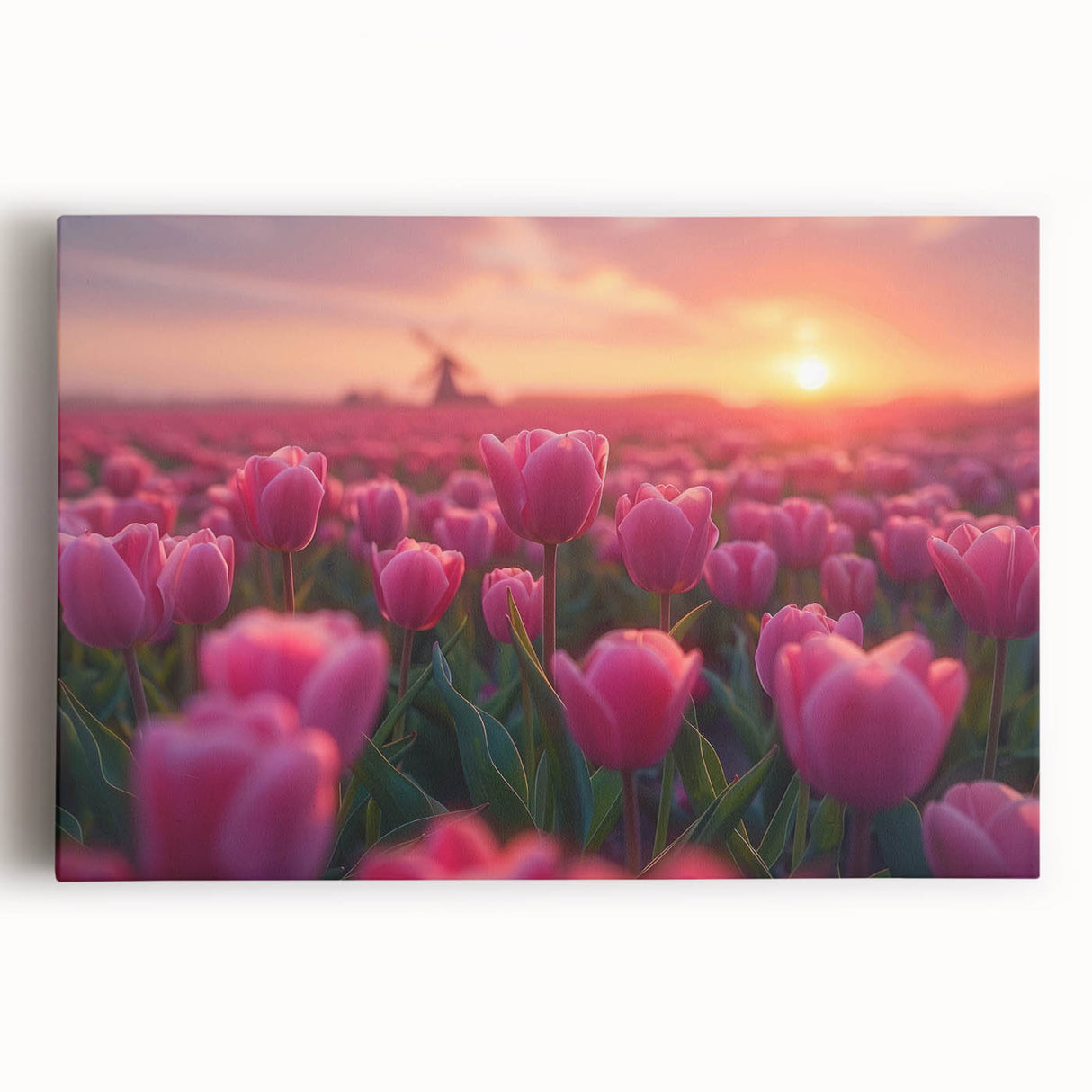 Brightly colored botanical wall art featuring a tulip design on stretched canvas, showcasing intricate details and vibrant hues, perfect for home decor.