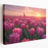 Stretched canvas wall art showcasing a vibrant botanical tulip design, featuring intricate floral details and a side view perspective, perfect for home decor.