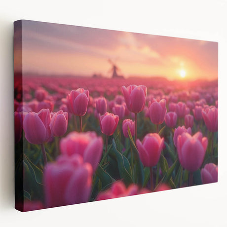 Stretched canvas wall art showcasing a vibrant botanical tulip design, featuring intricate floral details and a side view perspective, perfect for home decor.