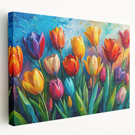 Stretched canvas wall art showcasing an elegant tulip design with vibrant colors and intricate botanical details, perfect for home decor.