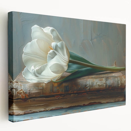 Stretched canvas wall art showcasing a vibrant tulip botanical design, featuring rich colors and intricate details, ideal for home decor enhancement.