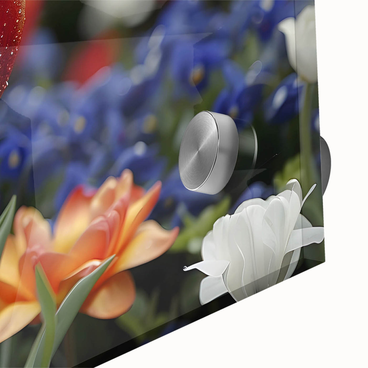 Close-up of a botanical wall art piece showcasing vibrant tulip designs on acrylic glass, emphasizing intricate details and bright colors, ideal for home decor.