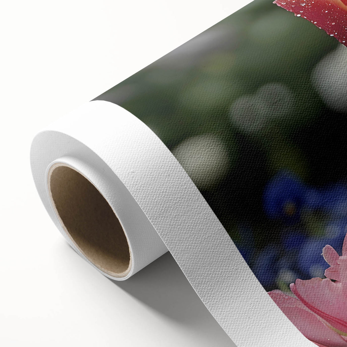 Vibrant rolled canvas artwork showcasing a botanical design of tulips in rich colors, ideal for home decor. Perfect for adding a touch of nature to interiors.