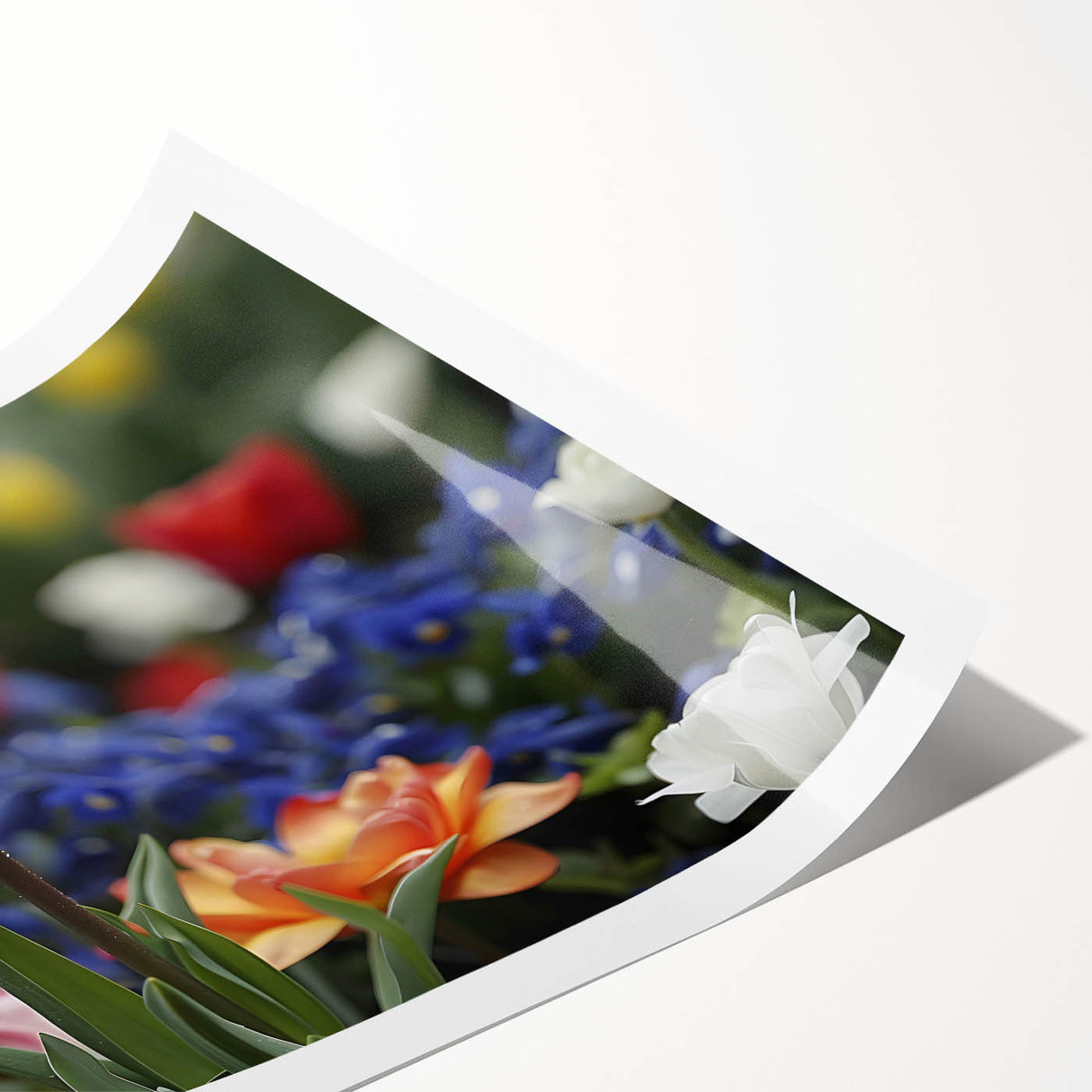 Colorful botanical tulip wall art print showcasing vibrant pink and yellow tulips on a white background, ideal for home decor and floral enthusiasts.