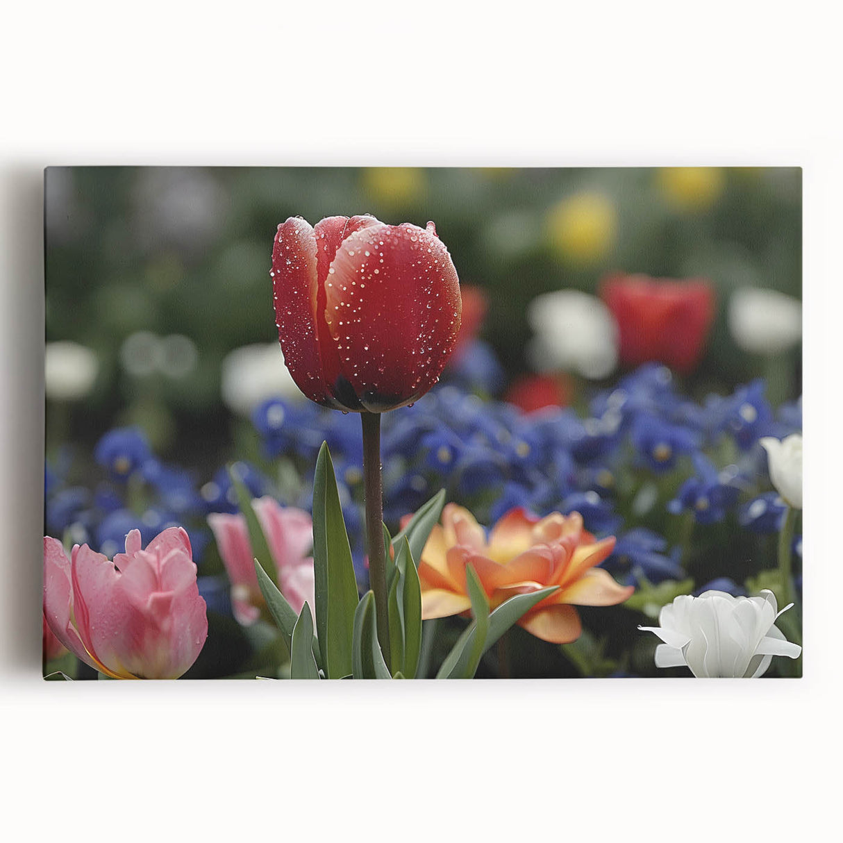 Vibrant botanical wall art featuring a colorful tulip design on stretched canvas, showcasing intricate details and rich hues perfect for home decor. This artwork adds a touch of elegance and nature-inspired beauty to any interior space, ideal for flower enthusiasts and art lovers.