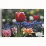Vibrant botanical wall art featuring a colorful tulip design on stretched canvas, showcasing intricate details and rich hues perfect for home decor. This artwork adds a touch of elegance and nature-inspired beauty to any interior space, ideal for flower enthusiasts and art lovers.