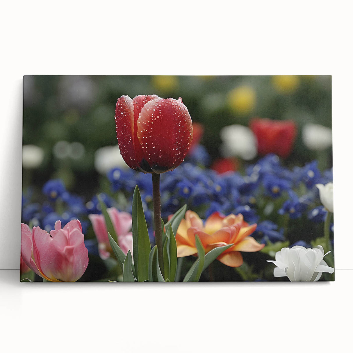 Stretched canvas wall art showcasing a vibrant botanical tulip design, featuring rich colors and intricate details, ideal for brightening home decor.