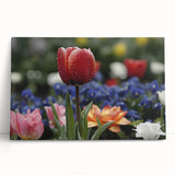 Stretched canvas wall art showcasing a vibrant botanical tulip design, featuring rich colors and intricate details, ideal for brightening home decor.