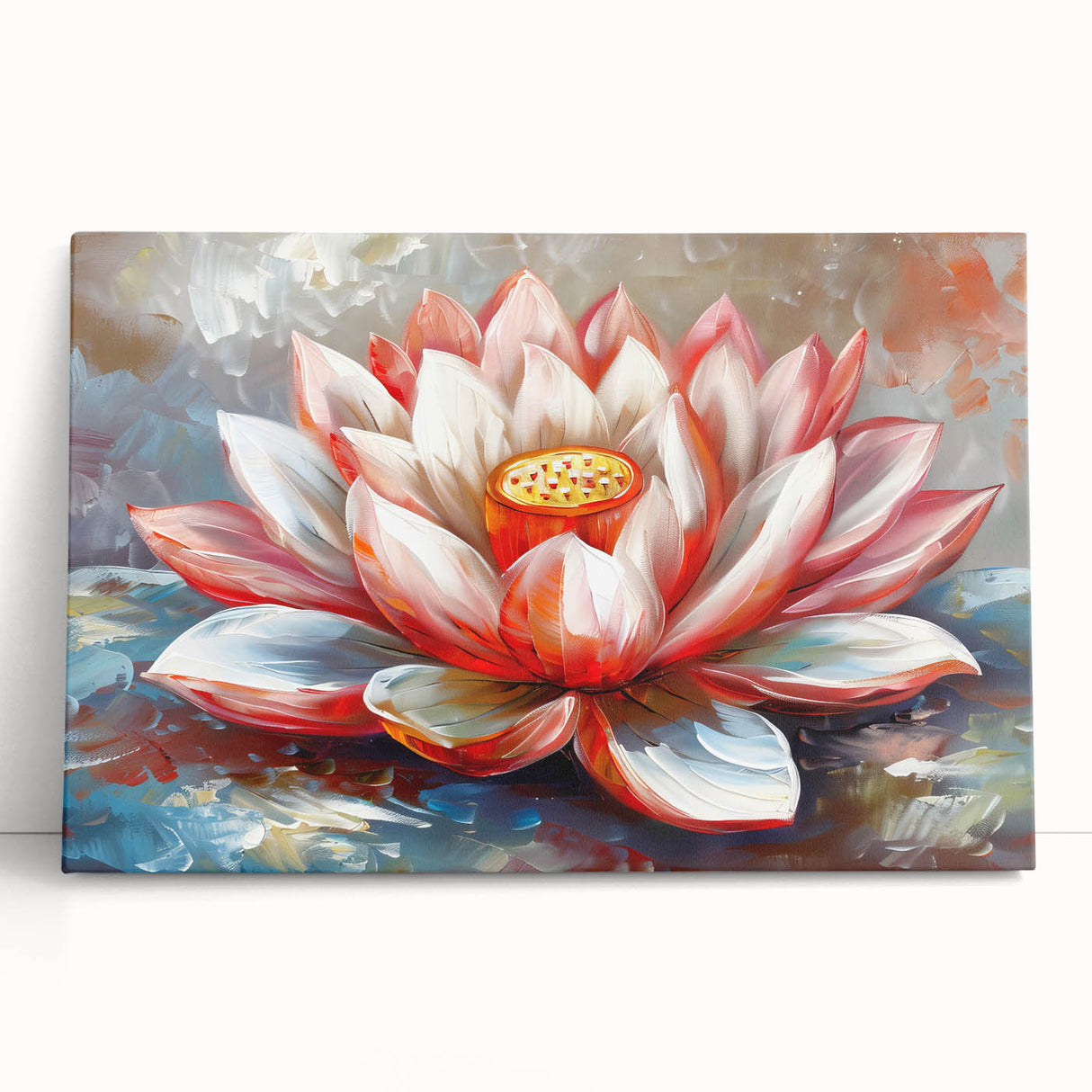 Botanical wall art print featuring a vibrant water lily design on stretched canvas, showcasing intricate details and rich colors, perfect for home decor.