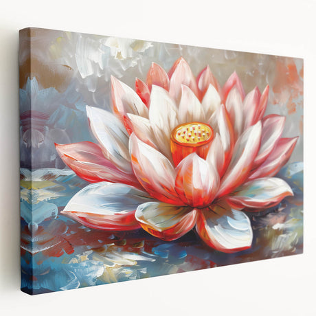 Side view of a stretched canvas showcasing a botanical water lily design, featuring vibrant colors and intricate details, perfect for home decor or art collection.