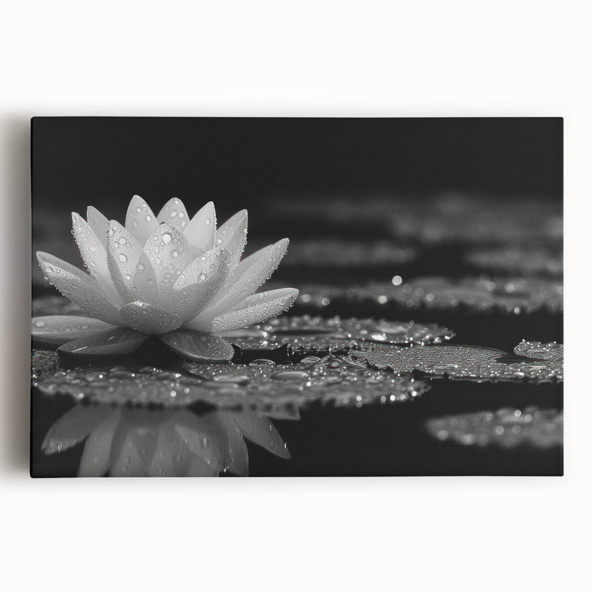 Stretched canvas wall art featuring a vibrant botanical water lily design in hues of green and pink, ideal for enhancing home decor with a nature-inspired aesthetic.
