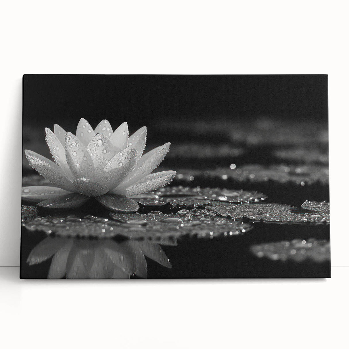 Stretched canvas artwork showcasing a vibrant botanical water lily design, featuring rich colors and intricate details, perfect for home decor or art enthusiasts.