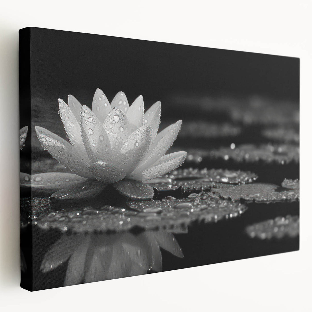 Stretched canvas wall art showcasing a vibrant botanical water lily design with rich colors, presented in a side view that highlights its depth and texture. Ideal for nature enthusiasts and home decor.