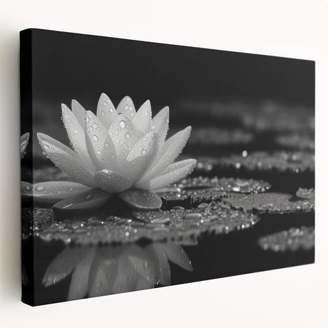 Stretched canvas wall art showcasing a vibrant botanical water lily design with rich colors, presented in a side view that highlights its depth and texture. Ideal for nature enthusiasts and home decor.