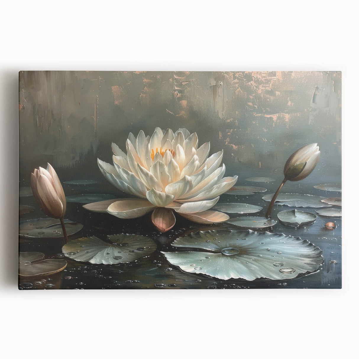 Botanical wall art showcasing a vibrant water lily design on stretched canvas, featuring rich colors and intricate details, ideal for enhancing home decor.