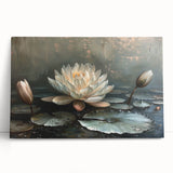 Botanical wall art featuring a vibrant water lily design on stretched canvas, elegantly leaning against a neutral wall, perfect for home décor enhancement.