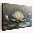 Stretched canvas wall art showcasing a vibrant botanical design of water lilies, featuring rich colors and intricate details, perfect for enhancing home decor.