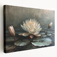 Stretched canvas wall art showcasing a vibrant botanical design of water lilies, featuring rich colors and intricate details, perfect for enhancing home decor.