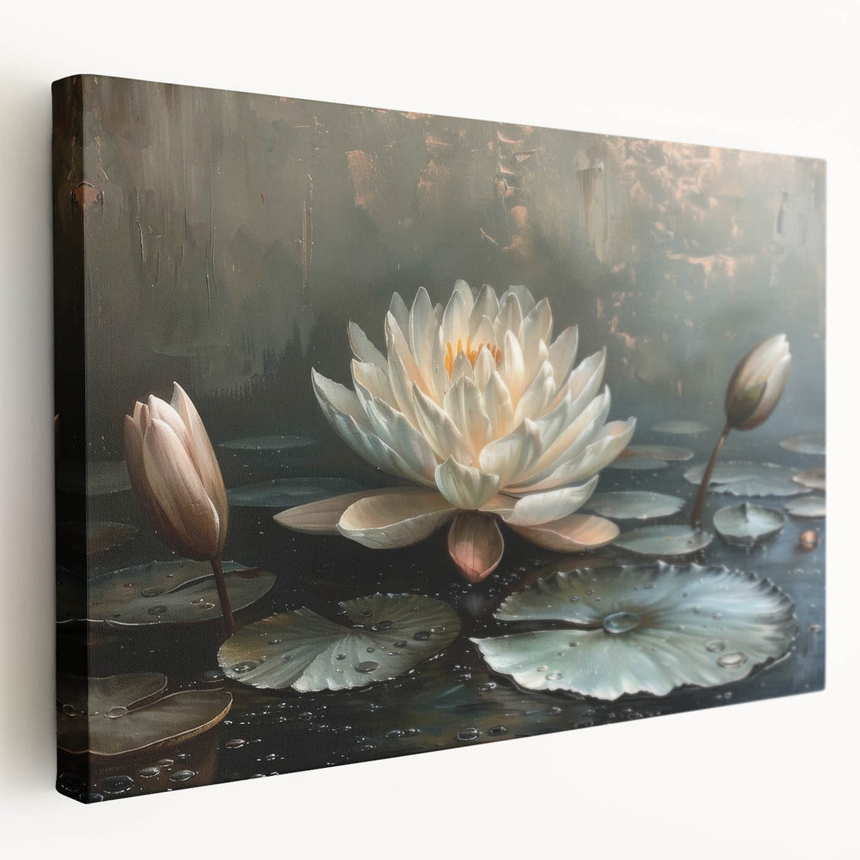 Stretched canvas wall art showcasing a vibrant botanical design of water lilies, featuring rich colors and intricate details, perfect for enhancing home decor.