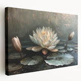 Stretched canvas wall art showcasing a vibrant botanical design of water lilies, featuring rich colors and intricate details, perfect for enhancing home decor.