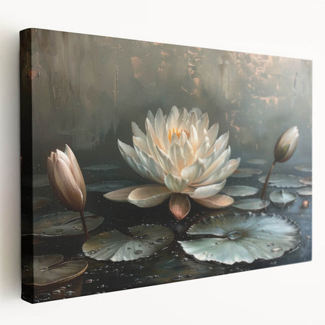 Stretched canvas wall art showcasing a vibrant botanical design of water lilies, featuring rich colors and intricate details, perfect for enhancing home decor.