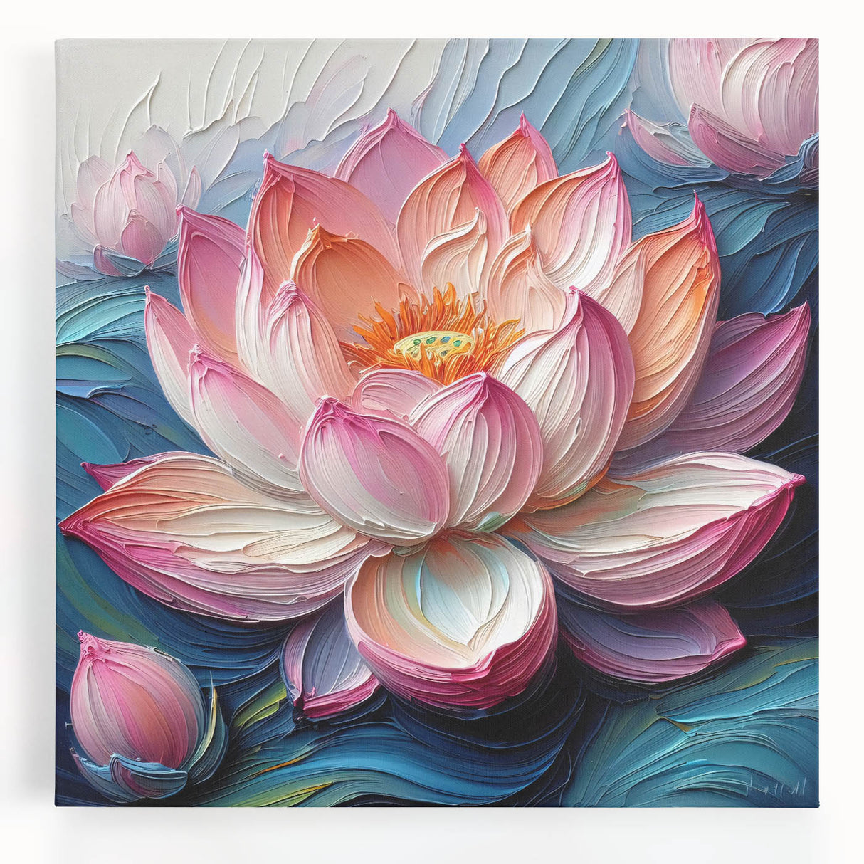 Vibrant botanical water lily wall art design on stretched canvas, showcasing intricate floral details and soothing colors, ideal for enhancing home decor.