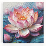 Vibrant botanical water lily wall art design on stretched canvas, showcasing intricate floral details and soothing colors, ideal for enhancing home decor.