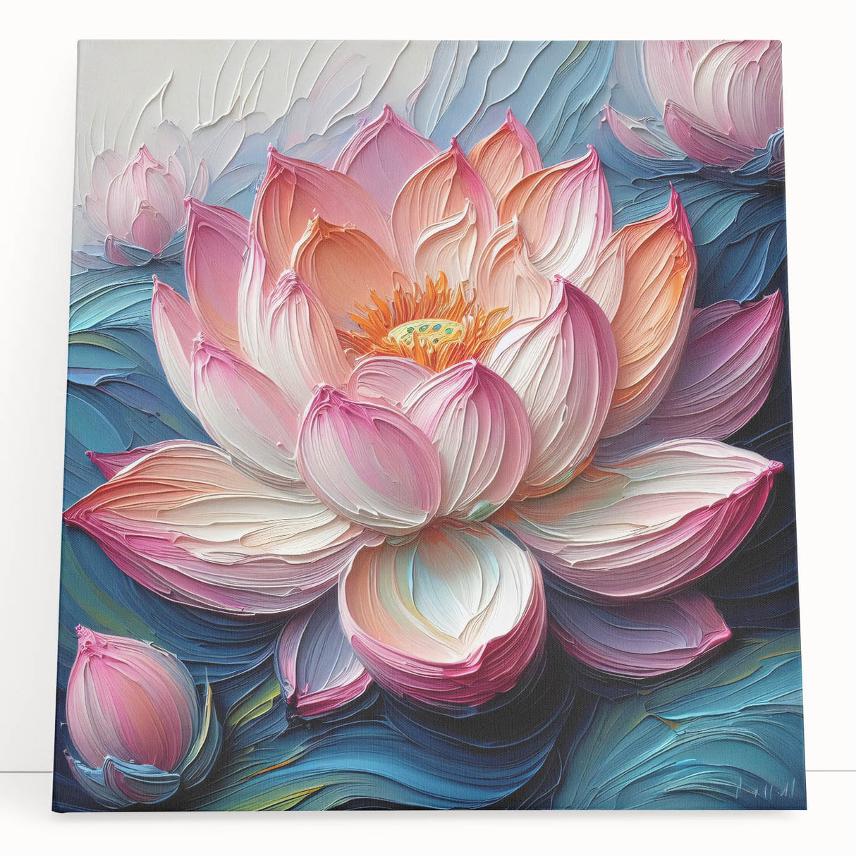 Botanical wall art featuring a vibrant water lily design on stretched canvas, showcasing rich colors and intricate details, ideal for enhancing home decor.