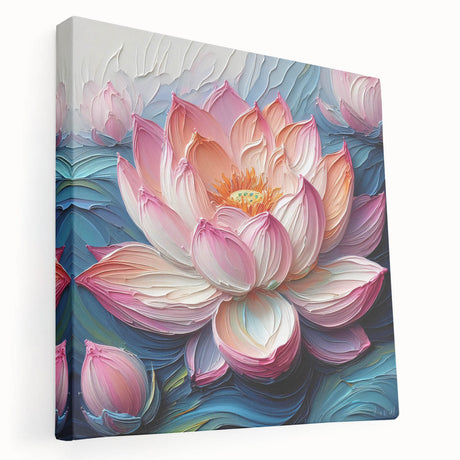 Botanical wall art featuring a vibrant water lily design on stretched canvas, showcasing rich colors and intricate details, perfect for home decor.