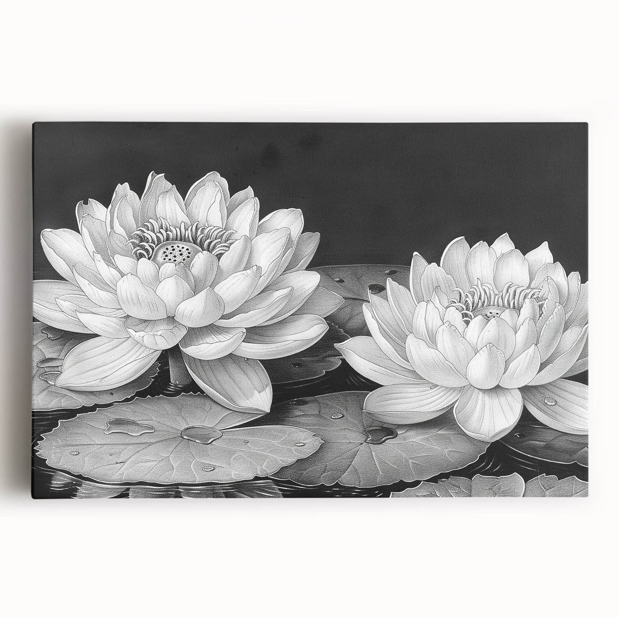 Stretched canvas wall art featuring a vibrant botanical water lily design, showcasing intricate details and rich colors, perfect for home decor enhancement.