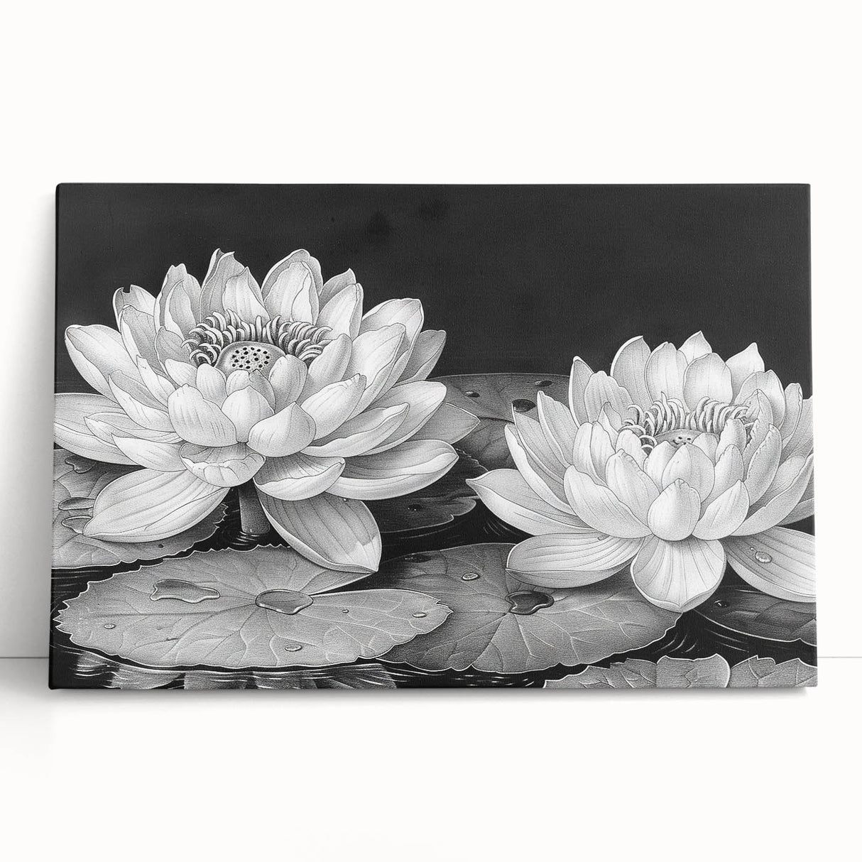 Water lily botanical wall art design on stretched canvas, showcasing vibrant colors and intricate details, leaning against a neutral background, perfect for home decor.