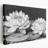 Stretched canvas wall art showcasing a vibrant botanical water lily design in hues of pink and green, ideal for home decor or art enthusiasts.