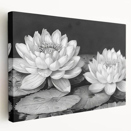 Stretched canvas wall art showcasing a vibrant botanical water lily design in hues of pink and green, ideal for home decor or art enthusiasts.