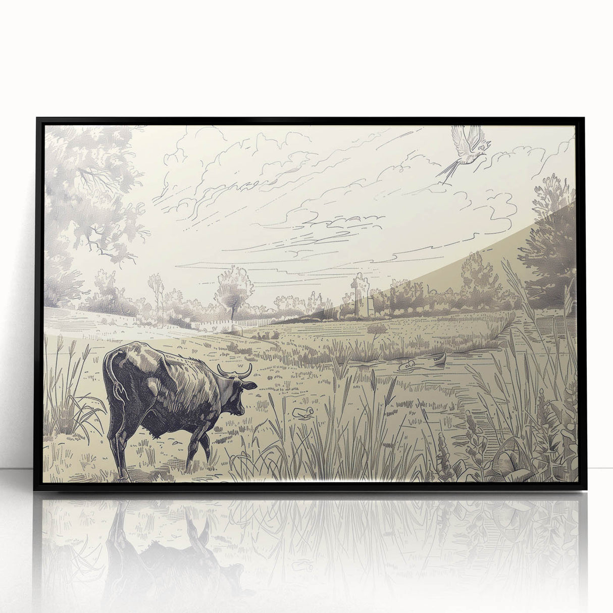 Cow in Nature Illustration Art Print – Tranquil Farm Landscape Decor