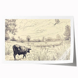 Cow in Nature Illustration Art Print – Tranquil Farm Landscape Decor