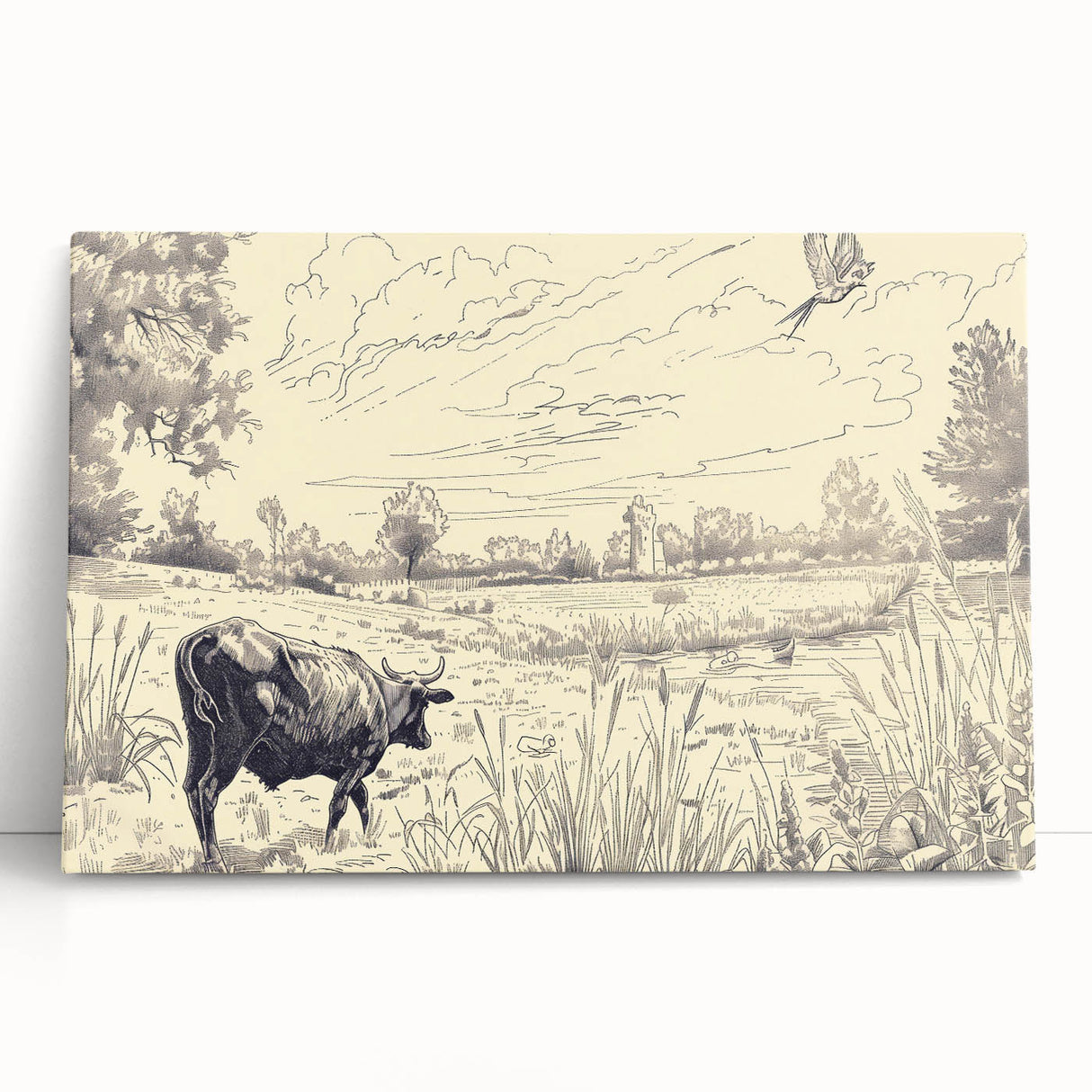Cow in Nature Illustration Art Print – Tranquil Farm Landscape Decor