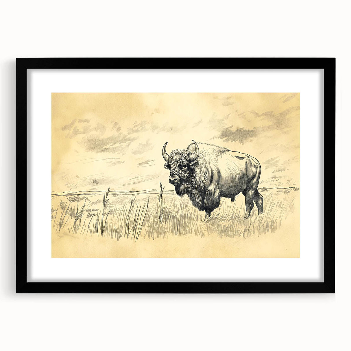 Buffalo in Nature Illustration Art Print – Rustic Animal Wall Decor