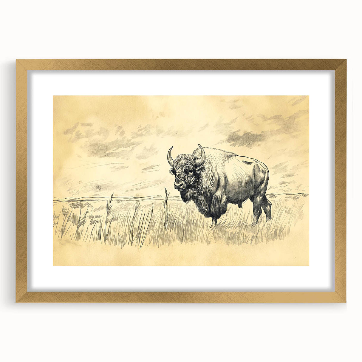 Buffalo in Nature Illustration Art Print – Rustic Animal Wall Decor