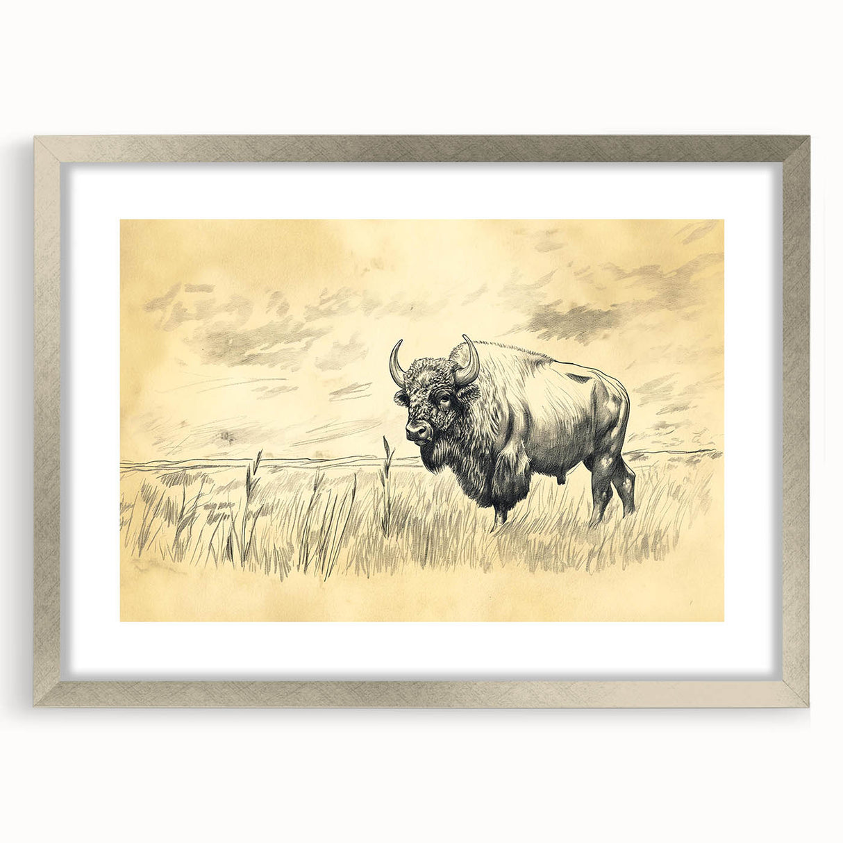Buffalo in Nature Illustration Art Print – Rustic Animal Wall Decor