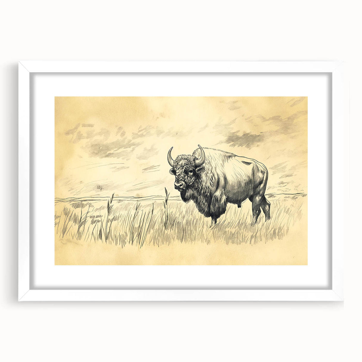 Buffalo in Nature Illustration Art Print – Rustic Animal Wall Decor