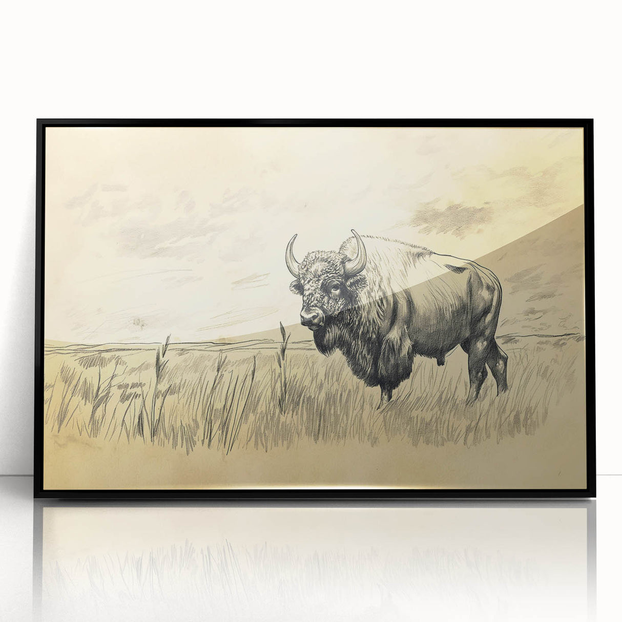 Buffalo in Nature Illustration Art Print – Rustic Animal Wall Decor