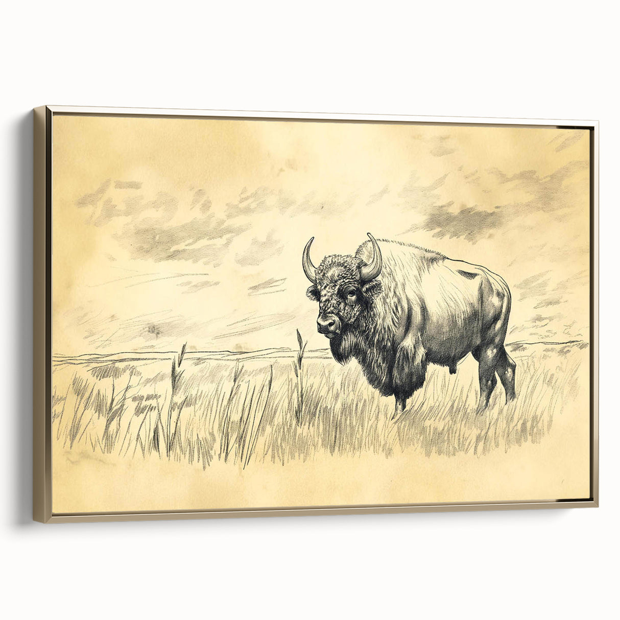 Buffalo in Nature Illustration Art Print – Rustic Animal Wall Decor