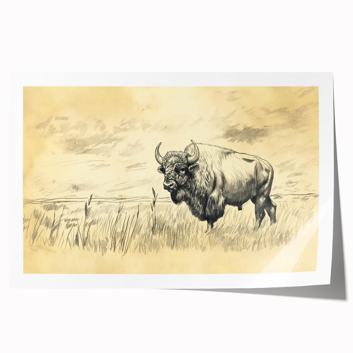 Buffalo in Nature Illustration Art Print – Rustic Animal Wall Decor